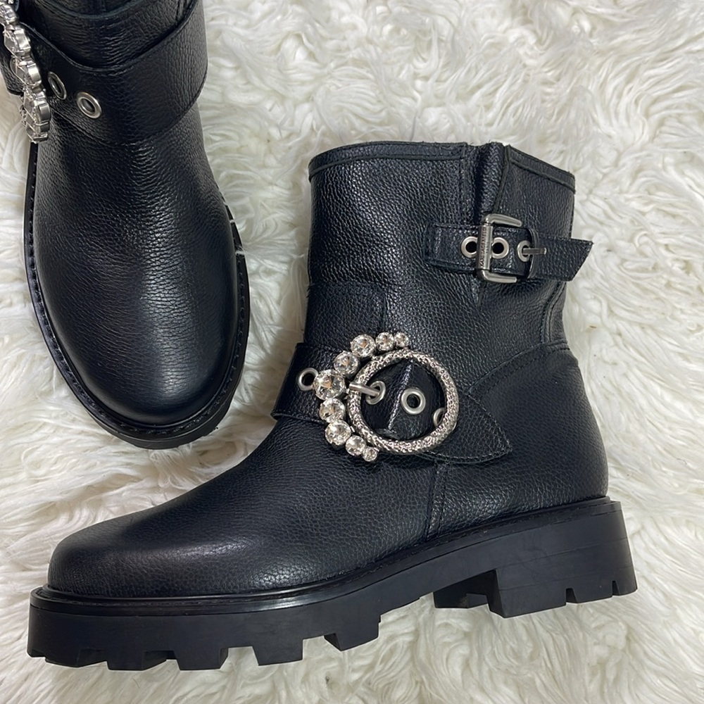 NEW KARL LAGERFELD PARIS
Women's Marceau Embellished Black Leather Buckle Boots - Picture 7 of 13